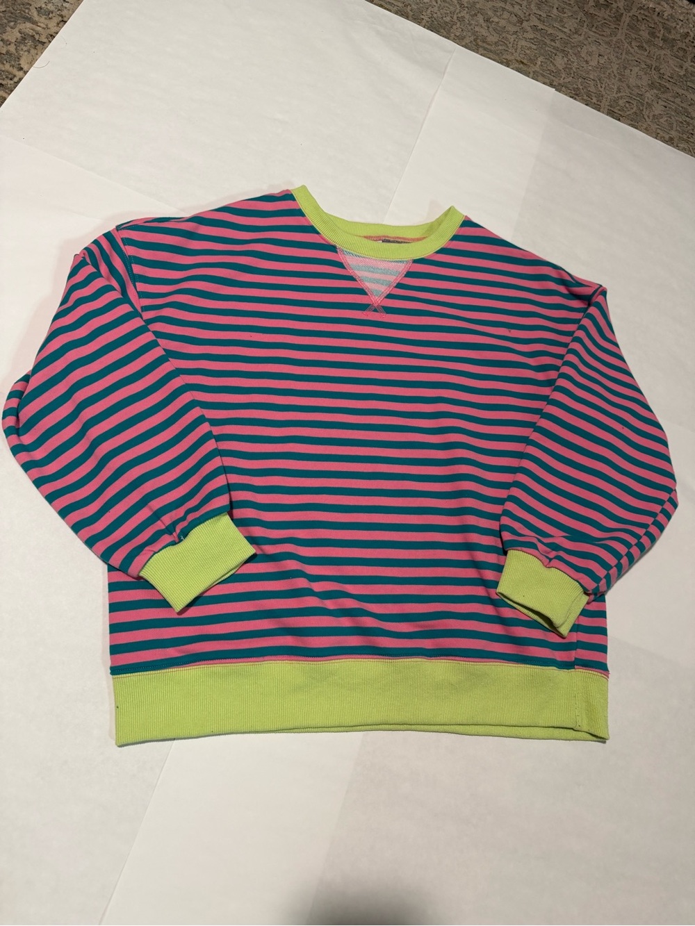 Men's Bright Pink & Teal Striped Sweatshirt with Lime Trim